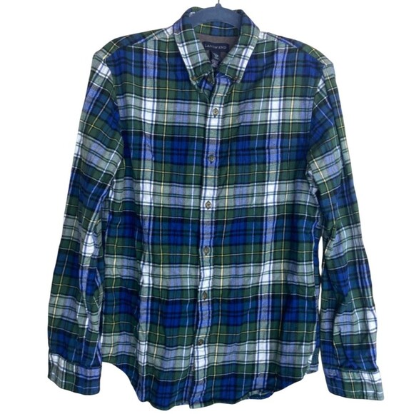 Lands End Men's Flannel Shirt Plaid Blue Green Tailored Fit Size Medium - Picture 2 of 8